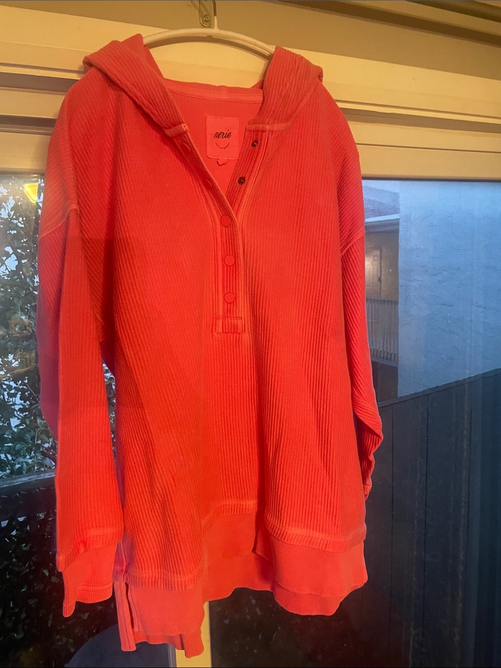 aerie Coral Ribbed Hooded Henley Sweatshirt oversized
